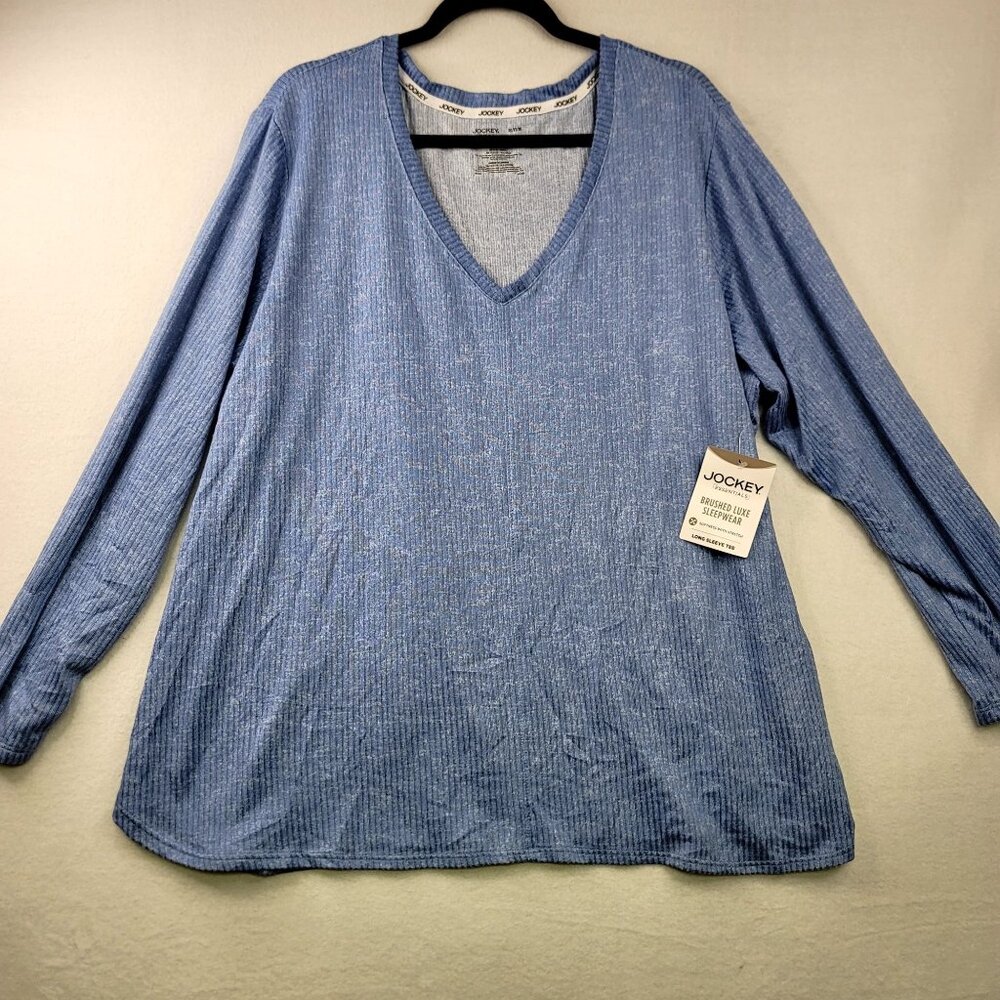 Jockey Light Blue Ribbed V‑Neck Long Sleeve Pajama Top